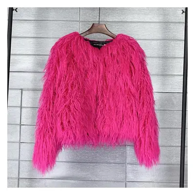 (rose red, M) Color Women&apos;s Fur Coat Colorful Fluffy Pink Lamb Fur Faux Fur Coat Sheepskin 