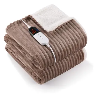 (Khaki) Electric Blanket, Soft Ribbed Flannel and Sherpa Electric Blanket, x cm, Heat Settings a