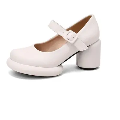 (white, 37) Women Pu Leather Pumps Chunky Heel Round Toe Mary Janes Buckle Sweet Party Spring Au