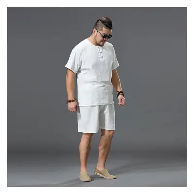 (white, XXXXL) Men&apos;s Clothing Large Size Tracksuit Linen Short T-shirt Summer Suit Plus Siz