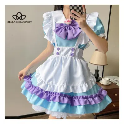 (blue,purple, M) S-5xl Plus Size Maid Super Cute Big Bow Lolita Dress Pink Blue Cute Dress Woman