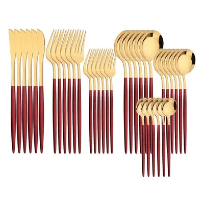 (red,gold) 36pcs Gold Dinnerware Cutlery Set Knife Dessert Fork Coffee Spoon Tableware Western S