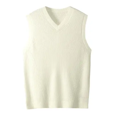 (white, XXL) Men&apos;s V-neck Knitted Sweater Vest Plain Sleeveless Pullover Knitwear Loose Fit