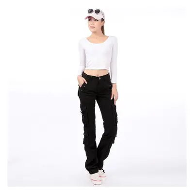 (black, 28) Women Straight Multi-pocket Cargo Pants Denim Overalls Ladies Fashion Workout Jogger