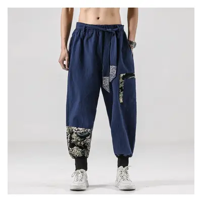 (navy blue, XXL) Men Cotton Linen Samurai Costume Ukiyo-e Print Belt Retro Harem Pants Haori Bag