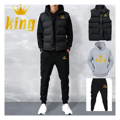 (grey, S) Men Casual Sets Vest + Hoodies + Pants Piece Tracksuit Male Sportswear Set