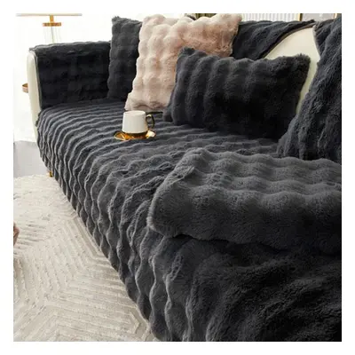 (grey, 90*240cm) Rabbit Plush Sofa Cushion Winter Padded Plush Cushion Non-slip Leather Sofa Cov