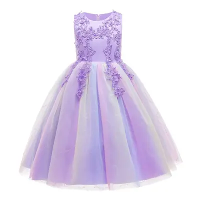 (purple, 170) Girls Luxury Rainbow Tulle Lace Flower Bridesmaid Wedding Party Dresses Children C