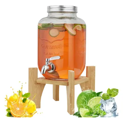 (8L Glass with bamboo stand) 8L Glass Drink Dispenser with Cover Wide Mouth Iced Drink Jar with 