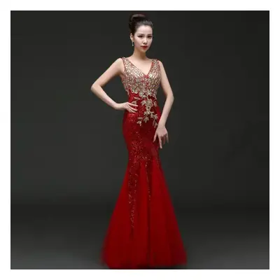 (red, M) Wtempo Women&apos;s Sleeveless V-neck Fishtail Evening Dresses Wedding Reception Dresse