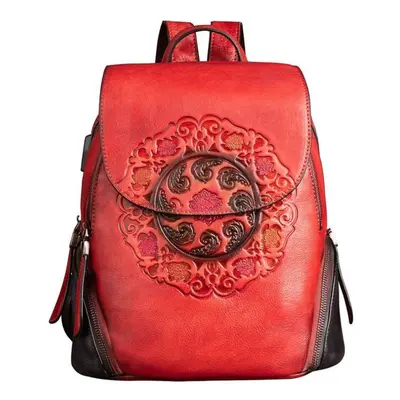 (red) Johnature Retro Genuine Leather Backpack Women Bag Handmade Embossing Natural Cowhide Larg