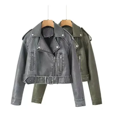 (grey JK158, XS) Autumn Women Vintage Loose Pu Faux Leather Short Jacket With Belt Streetwear Fe