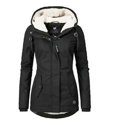 (Black, XL) Womens Fur Lined Parka Jacket Coat Ladies Hooded Outwear Winter Warm Overcoat