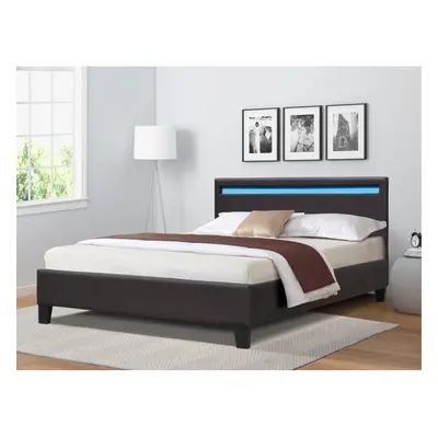 (Brown, 4ft Small Double) Faux Leather Gas Lift Ottoman Bed Frame With LED 3ft 4ft 4ft6 5ft