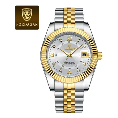 (910 Gold White) Luxury Sport Wristwatch Waterproof Luminous Stainless Steel Mens Quartz Watch