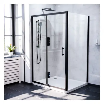 Nes Home Matt Black x 900mm Shower Sliding Door & Frameless Glass Side Panel