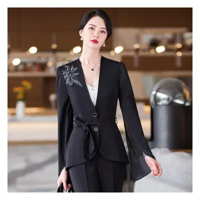 (black, XXL) Spring Summer Workplace Women Pant Suits Office Lady V-neck Pink Women Suits Office