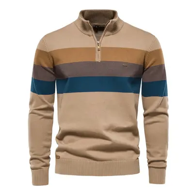 (khaki, 70-78 kg) Aiopeson Men&apos;s Patchwork Pullover Sweater Cotton Casual Zipper Mock Neck 