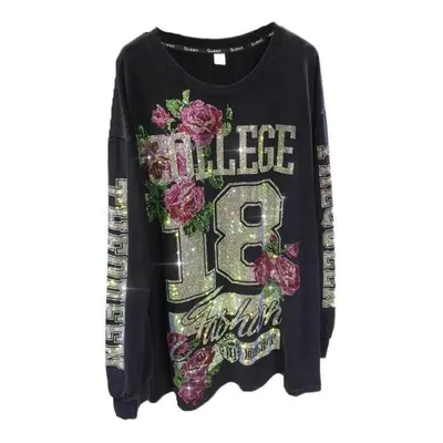 (black, XL) Drilling Sweatshirt Women&apos;s Light Luxury Slim Long Sleeve Pullover Age Reducing