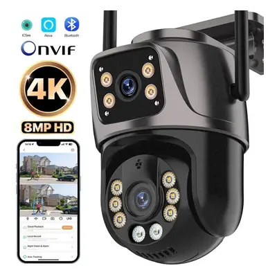 (US Plug) New Wifi Camera 4K 8MP PTZ Dual Lens Dual Screen Security HD IP Camera Outdoor Waterpr