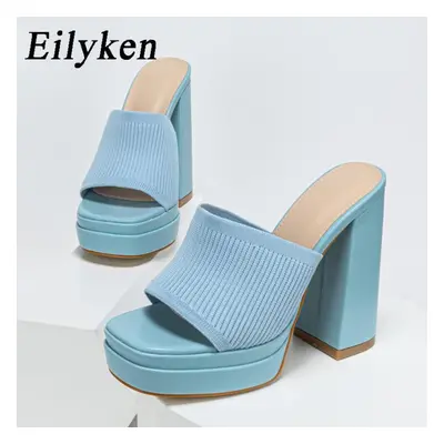 (blue, 42) Eilyken Roma Style Knitted Platform Chunky High Heels Slippers Women Casual Peep Toe 