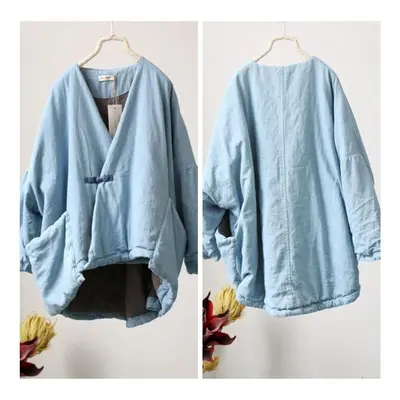 (light blue, 3XS) Johnature Women Vintage Winter Parkas Solid Color V-neck Long Sleeve Warm Chin