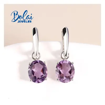 (purple, L) 100% Natural Brazil Amethyst Oval 10* 12mm Gemstone Earrings Sterling Silver Simple 