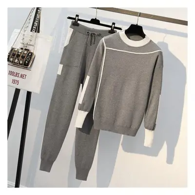 (grey, M) Women Two Piece Set Tracksuits Women Winter Woolen Knitted Warm Sweater Harem Pants Su