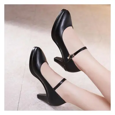 (black, 37) Thick-heeled Leather Work Shoes Women High Heels Pumps Shoes