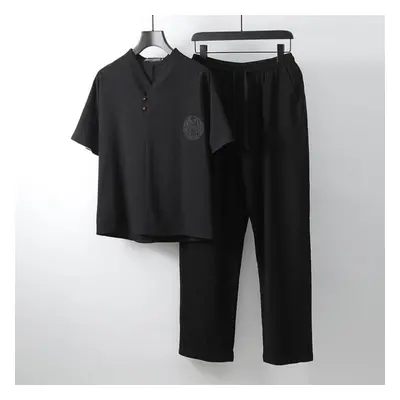 (black, 7XL) Men&apos;s Clothing Large Size Tracksuit Husband Summer Suit Linen T-shirt Fashion 