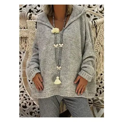 (grey, 5XL) Rose Beauty A Plus Size Solid Hooded Sweater, Casual Long Sleeve Sweater For Fall & 