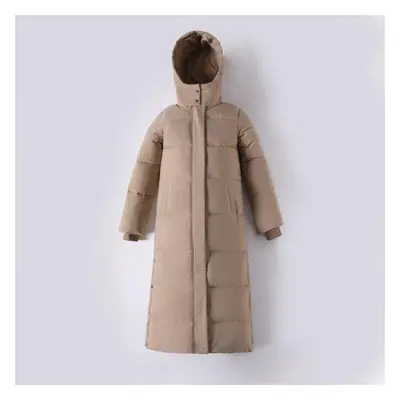 (khaki, XL) Women X-long Winter Jacket Hooded Side Split Windproof Warm Down Jacket Oversize Cot