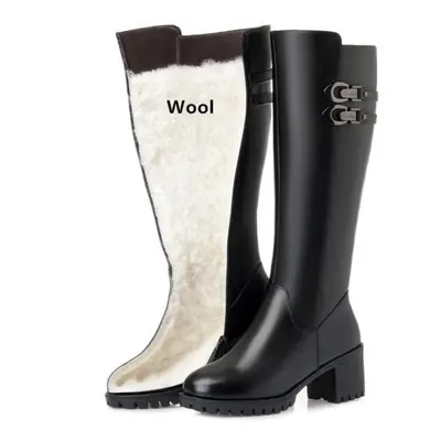 (black, 35) Women Genuine Leather Winter Wool High Heel High Boots Big Size Warm Snow Boots Wome