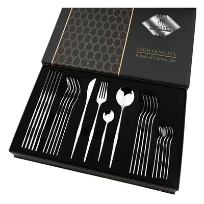 (silver) Jankng Black 24pcs Mirror Dinnerware Set Stainless Steel Cutlery Knife Fork Spoon Flatw