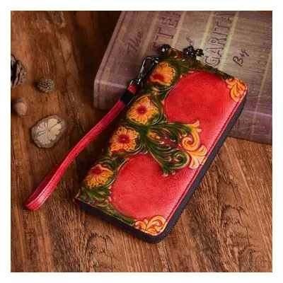 (red) Johnature First Layer Cow Leather Luxury Women Hand Wallet Retro Embossed Large Clutch Wal