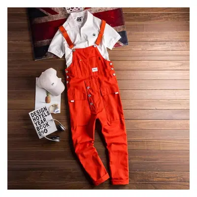 (orange, 3XL) Men&apos;s Denim Overalls Men&apos;s Retro Casual Jumpsuit Men&apos;s Loose Multi-