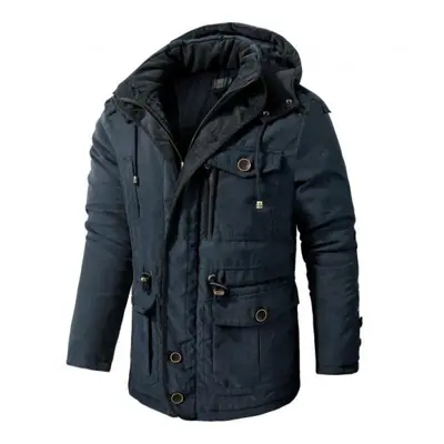 (navy blue, XL) Winter Men Parka Jackets Hooded Thicken Fleece Windbreaker Coats Outerwear Milit