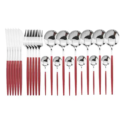 (red,silver) 24pcs Black Gold Dinnerware Set Stainless Steel Cutlery Set Kitchen Fork Knife Spoo