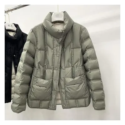 (green, M) Light Down Jacket Female Short Autumn Winter Loose Standing Collar White Duck Down Wa