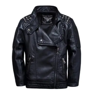 (black, 130(7-8)) Children Genuine Pu Leather Jacket Zipper Boys Girls Rivets Fashion Kids Sprin