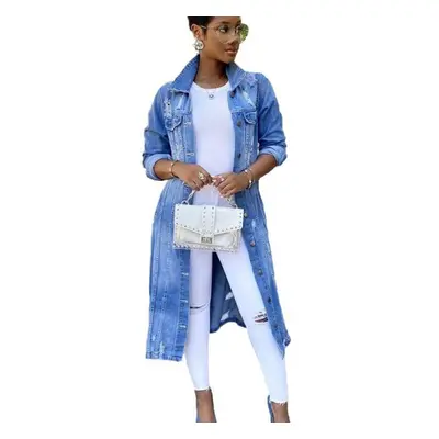 (blue, XL) Women Autumn Winter Denim Trench Coats Ripped Hole Jean Long Button Jackets