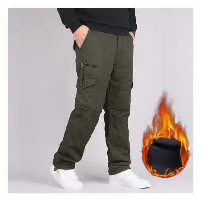 (army green, XXXXL) Men&apos;s Cotton Winter Thick Fleece Casual Pants Tactical Baggy Cargo Pant