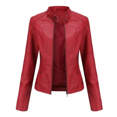 (wine red, M) Women Faux Leather Biker Jacket Pu Motorcycle Casual Zip Up Slim Coat Cropped Race