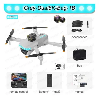 (Dual 8K 1B, Grey) P14 Max Drone 8K HD GPS Professional UAV Intelligent Obstacle Avoidance Folda