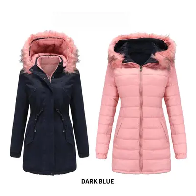 (navy blue, 3XL) Autumn Winter Women Reversible Detachable Fur Collar Detachable Hat Quilted War