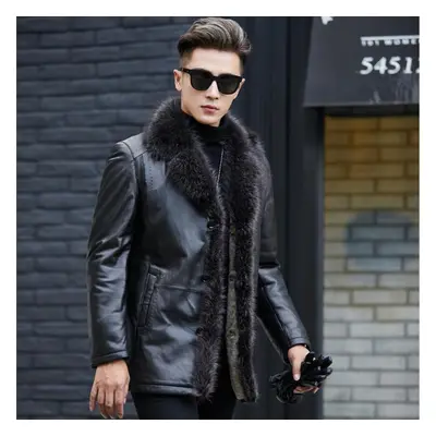 (black, XXXXXL) Fur Men&apos;s Raccoon Fur Collar Mid-length Thickened Fur All-in-one Men&apos;s