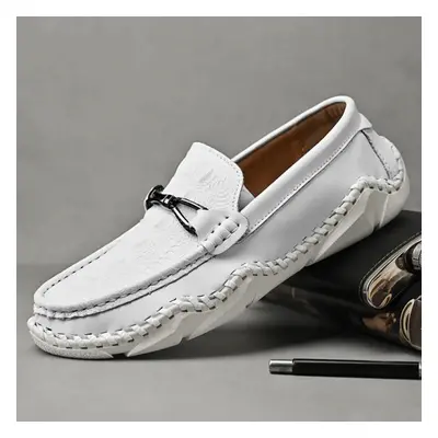 (white, 45) Large Size Men&apos;s Genuine Leather Shoes Moccasin-gommino Outdoor Casual Shoes