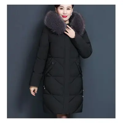 (black, L) Winter Women&apos;s Solid Color Mid-length Fur Collar Hooded Down Jacket