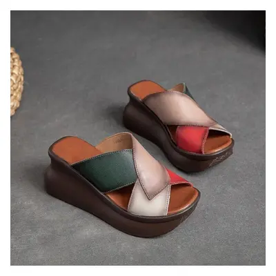 (apricot, 37) Johnature Retro Women Peep Toe Wedges Slippers Genuine Leather Thick Sole Slides F