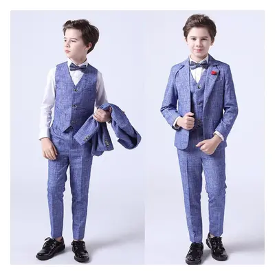 (blue, 140) Fashion Kids Boys Suit Three-piece Gentlemen Performance Dress(coat+ Vest+ Pants)